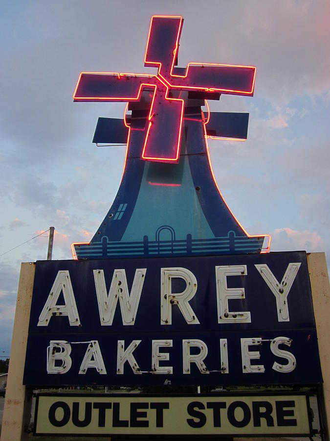 Neon Sign Photograph - Awrey Bakeries Outlet Store by Guy Ricketts
