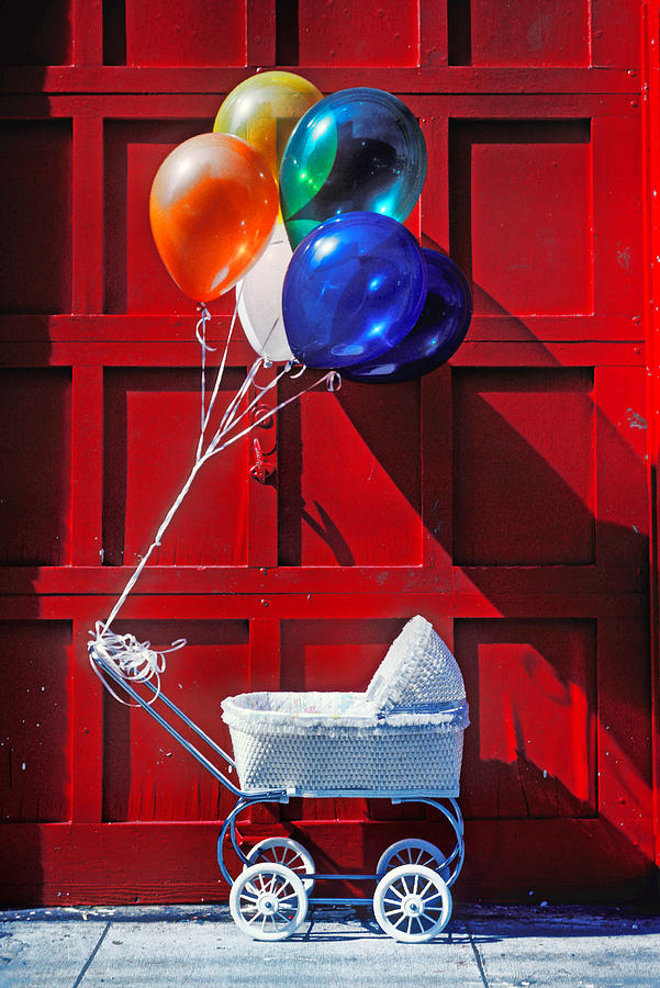 Still Life Photograph - Baby buggy with balloons  by Garry Gay