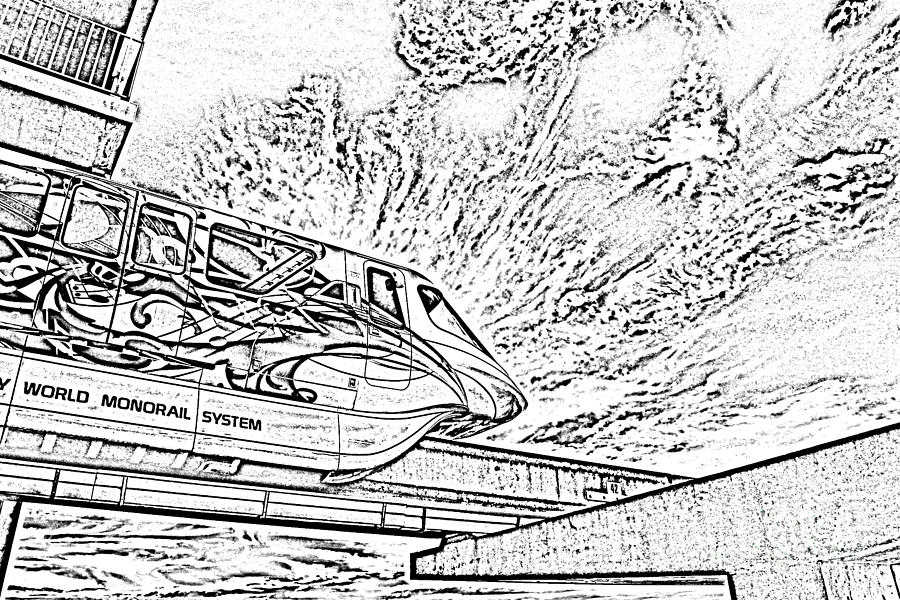Transportation Digital Art - Backlit Disney World Monorail Leaving Contemporary Resort Walt Disney World Prints BandW Photocopy by Shawn OBrien