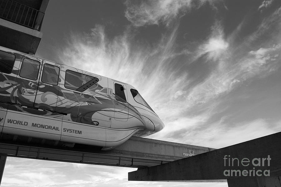 Transportation Photograph - Backlit Disney World Monorail Leaving Contemporary Resort Walt Disney World Prints Black and White by Shawn OBrien