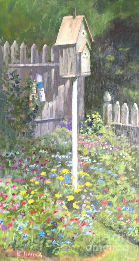 Flower Painting - Backyard Birdhouse by Karen Lipeika
