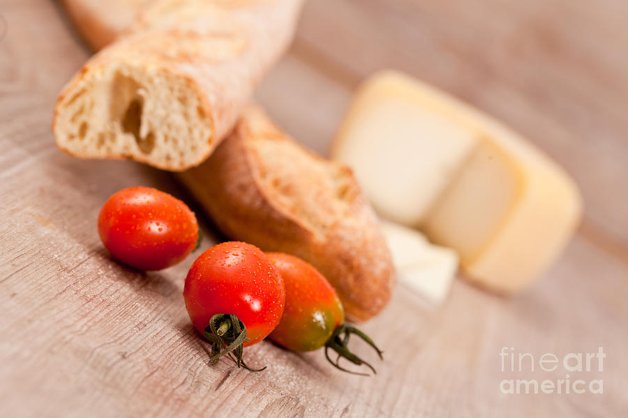 Bread Photograph - Baguette and tomatoes by Sabino Parente