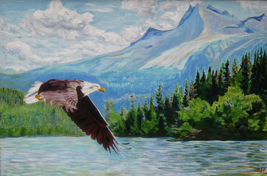 Bald Eagle Fishing Painting by Nicolas Bouteneff