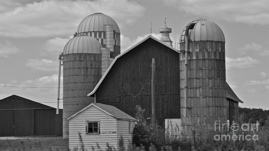 Farm Photograph - Barn and Silos in black and white by Pamela Walrath