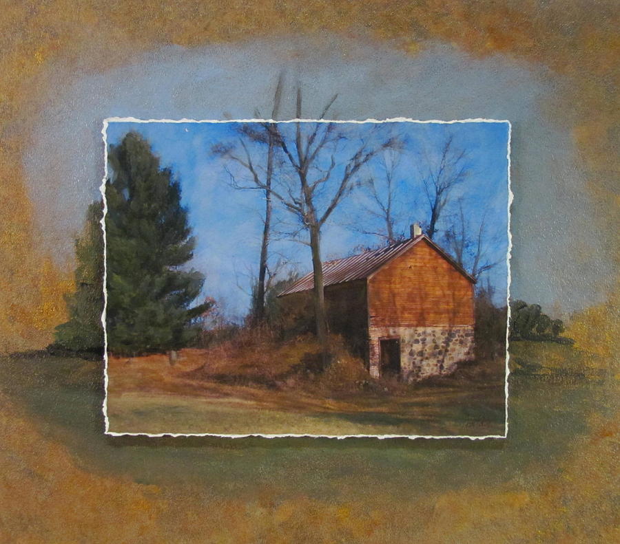 Barn and Tree layered Mixed Media by Anita Burgermeister