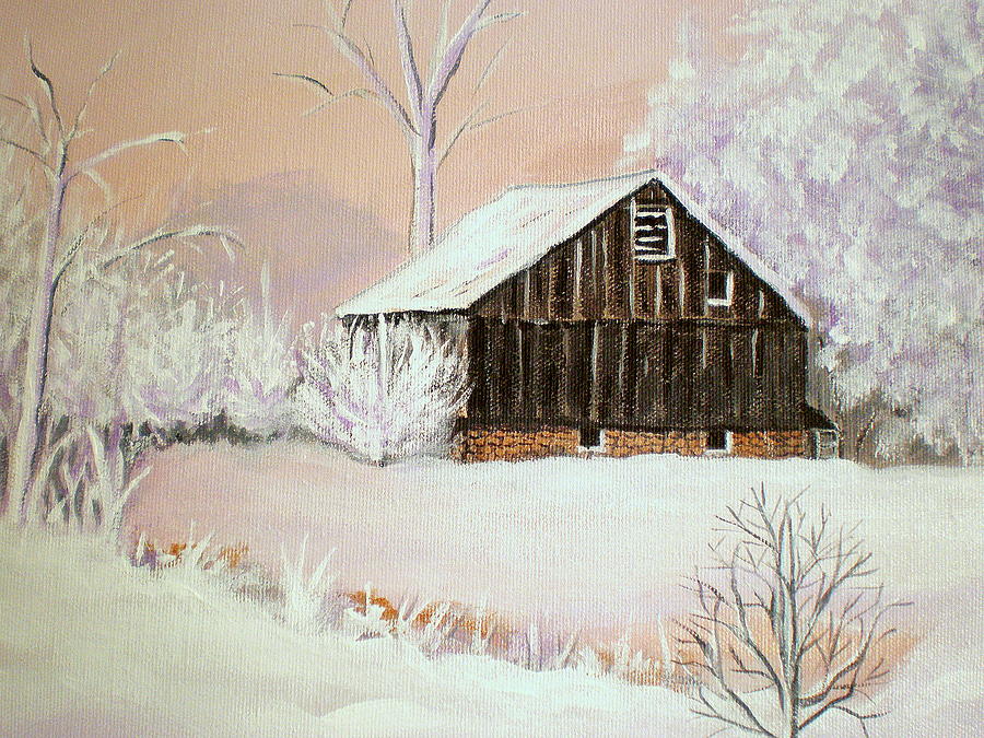 Sunset Painting - Barn in Snow by Janet Glatz