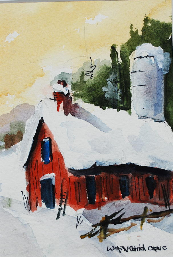 Barn in Snow Painting by Wilfred McOstrich