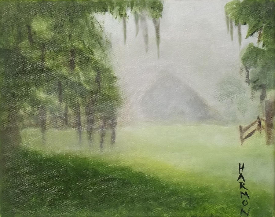 Barn on Foggy Morning Painting by Margaret Harmon