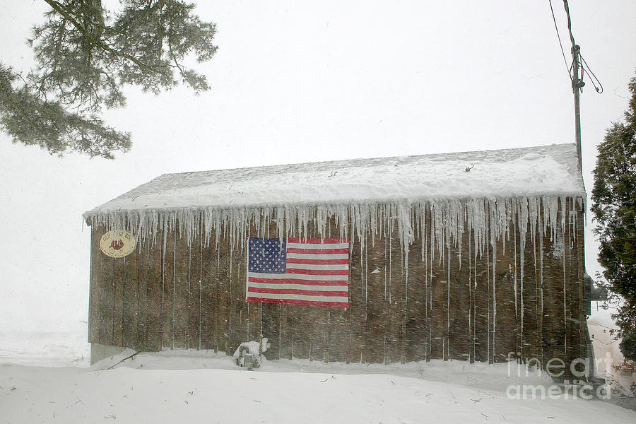 Barn With American Flag During Blizzard Of 05 On Cape Cod