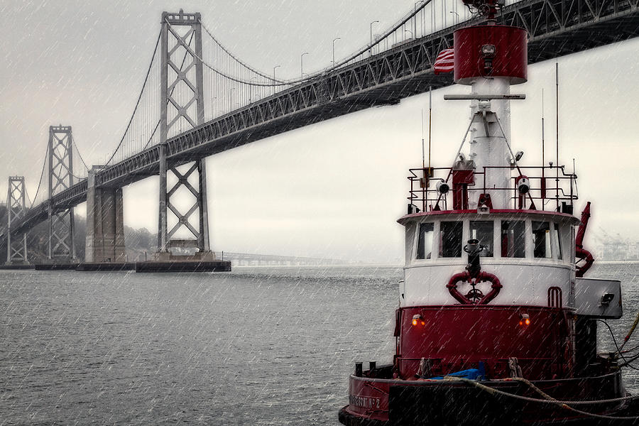 Bay Bridge and Fireboat in the Rain Photograph by Jarrod Erbe