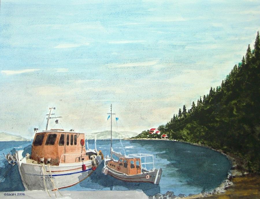 Boat Painting - Beach in Corfu island by Samir Sokhn