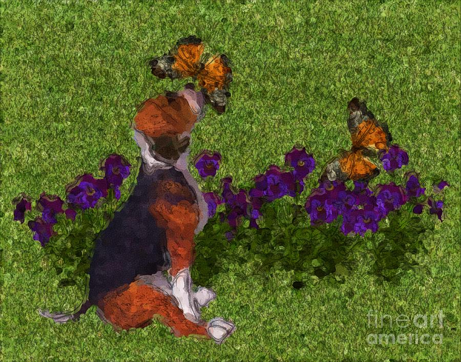 Beagle Puppy And Butterflies Painting by Smilin Eyes Treasures