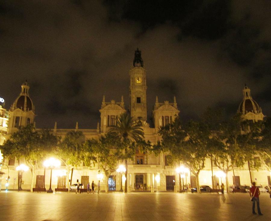 Beautiful Valencia Square Architecture Night Life Street Lamp Poles Spain Photograph by John Shiron