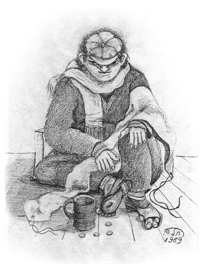 Beggar 2  In The  winter street sitting on floor wearing worn out cloths Painting by Rachel Hershkovitz