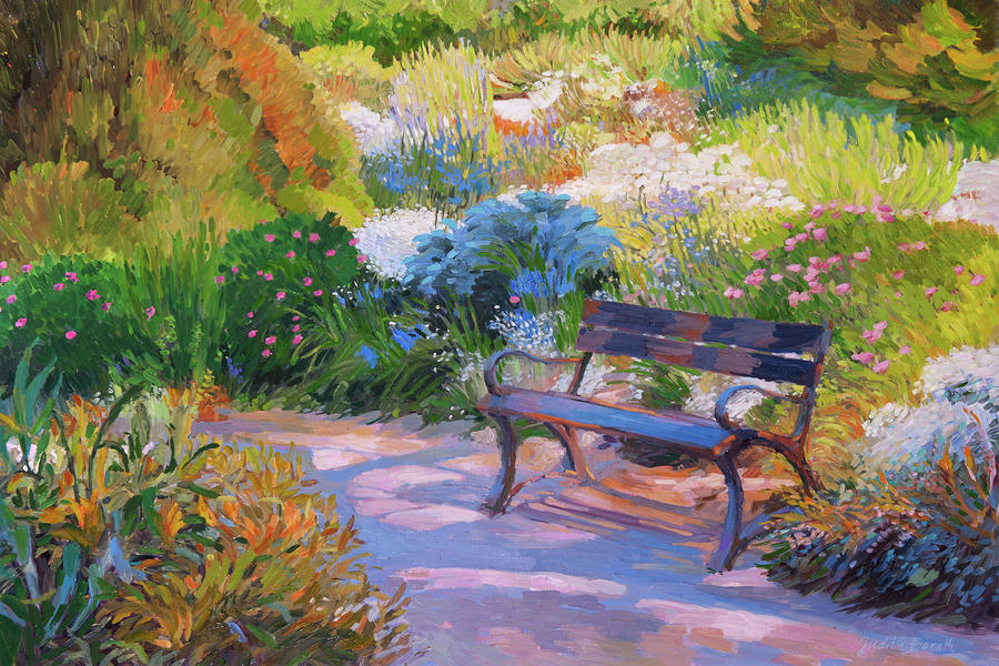 Bench on Margaret Island Painting by Judith Barath