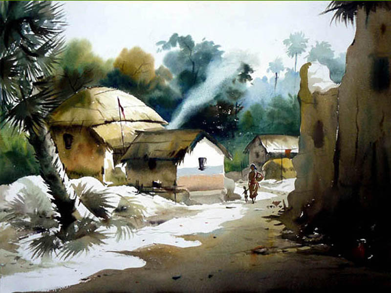 Landscape Painting - Bengal Village at Noontime by Samiran Sarkar