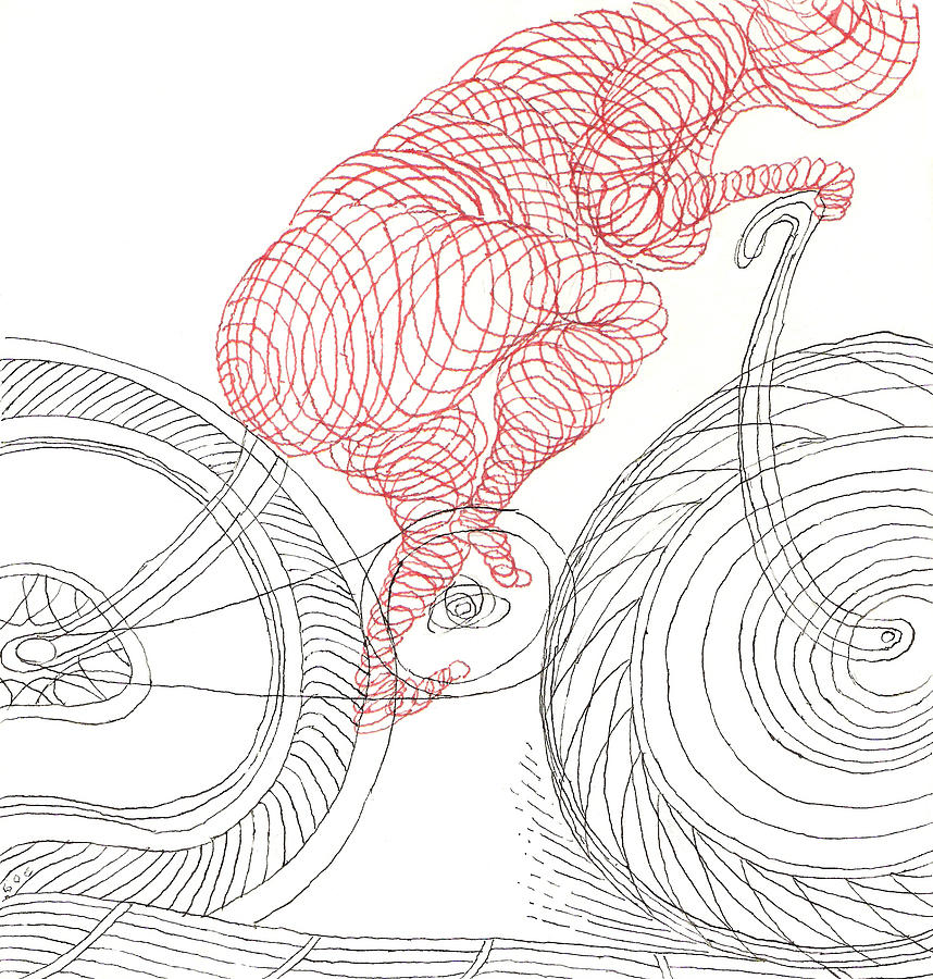 Bicycle Drawing - Bicycle Rider in Red Swirls by Phil Burns