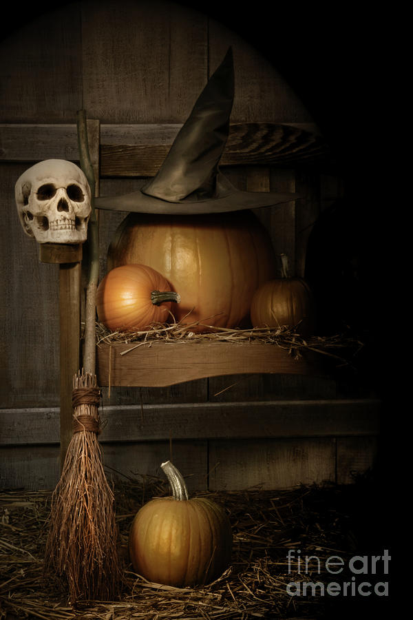 Big pumpkin with black witch hat and broom Photograph by Sandra Cunningham