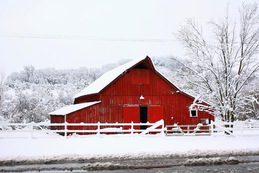 Big Red Barn In The Snow. Photograph by Gregory Dean