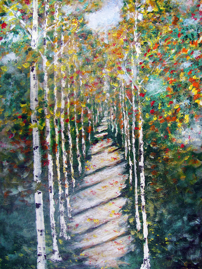 Birch Path in Fall Painting by Gary Smith