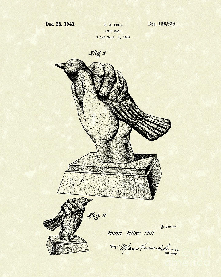 Bird in the Hand Coin Bank 1943 Patent Art Drawing by Prior Art Design