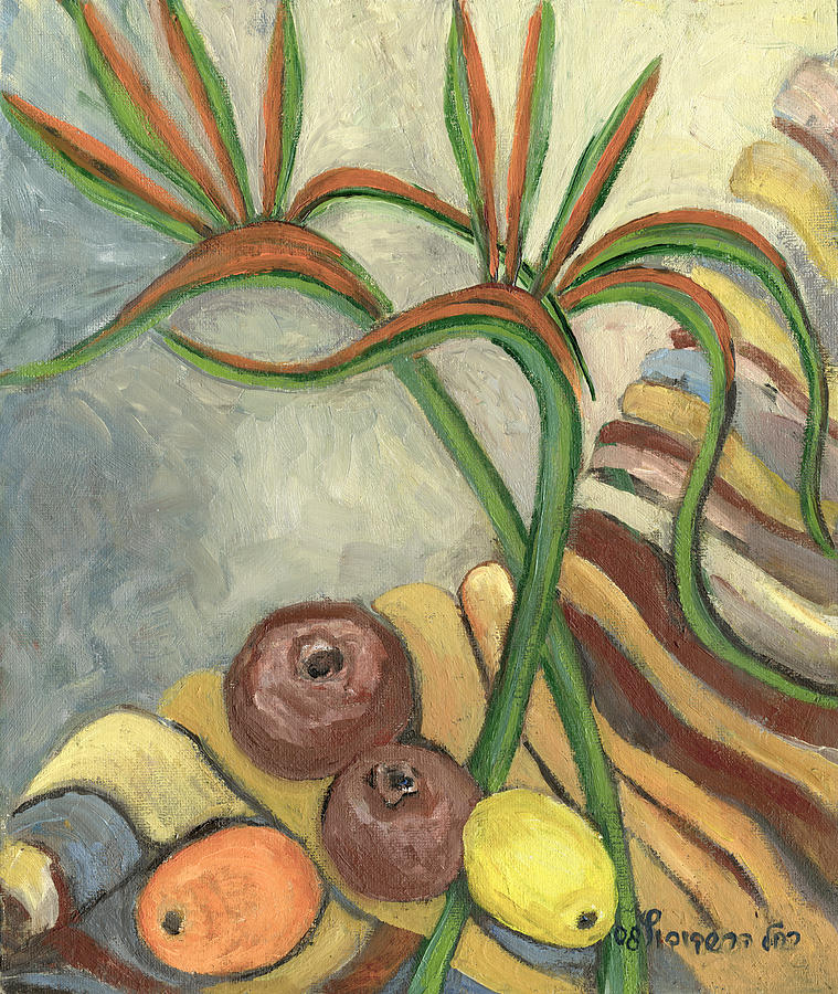 Bird of Paradise flowers and fruits on a carpet in yellow brown green Painting by Rachel Hershkovitz