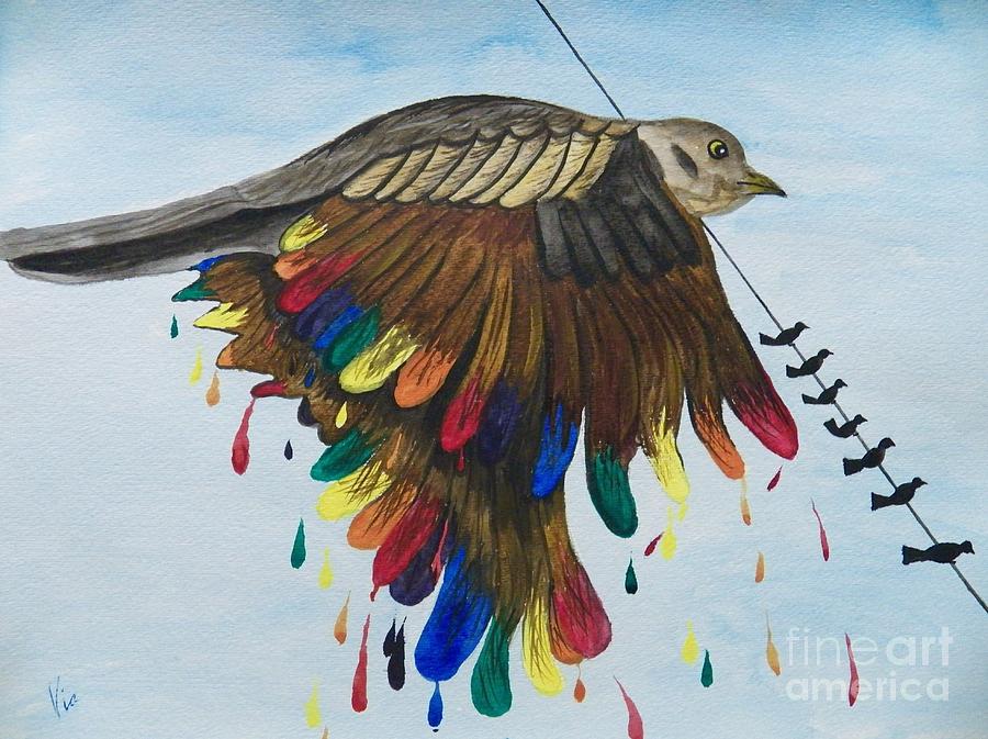 Bird on a Wire Flys Free Painting by Judy Via-Wolff
