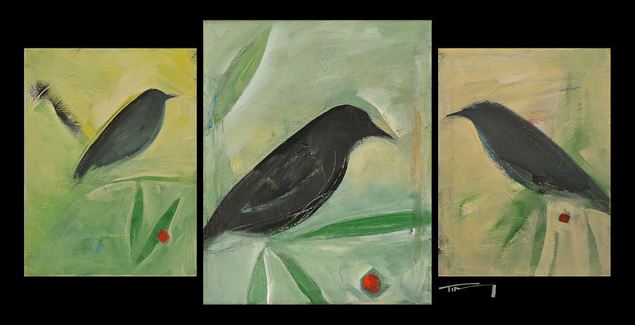Birds And Red Berries Triptych Painting by Tim Nyberg