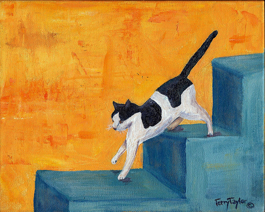 Black and White Cat Descending Blue Stairs Painting by Terry Taylor