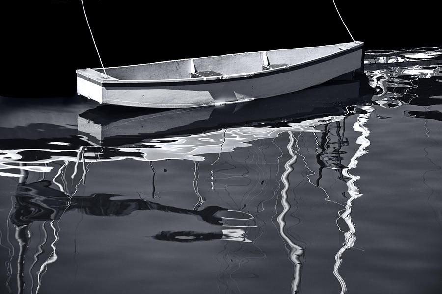 Black and white photograph of a tethered boat in Victoria Harbor Photograph by Randall Nyhof