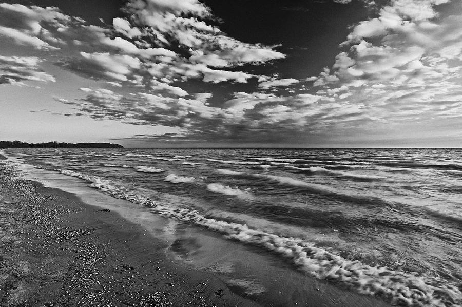 Black And White Photograph - Black And White Shoreline Of Lake by Mike Grandmailson