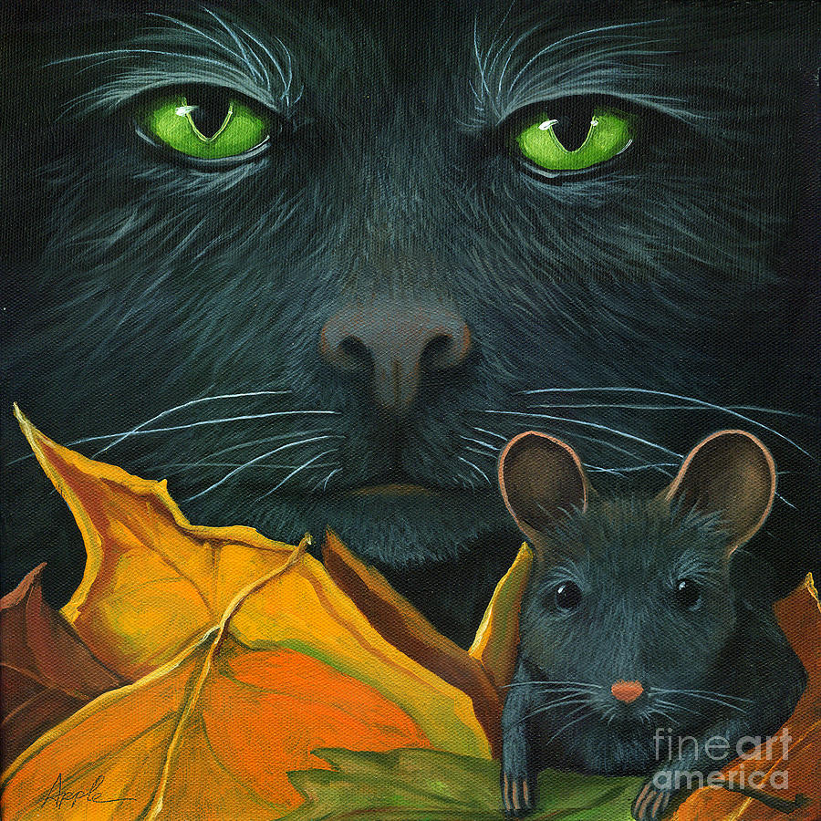 Black Cat and Mouse Painting by Linda Apple