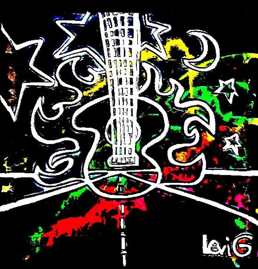 Music Painting - Black light neon splash Flaming Guitar on highway by Levi Glassrock 