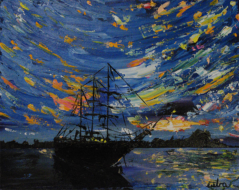 Black Sailboat at the Sunset  Painting by Alik Vetrof