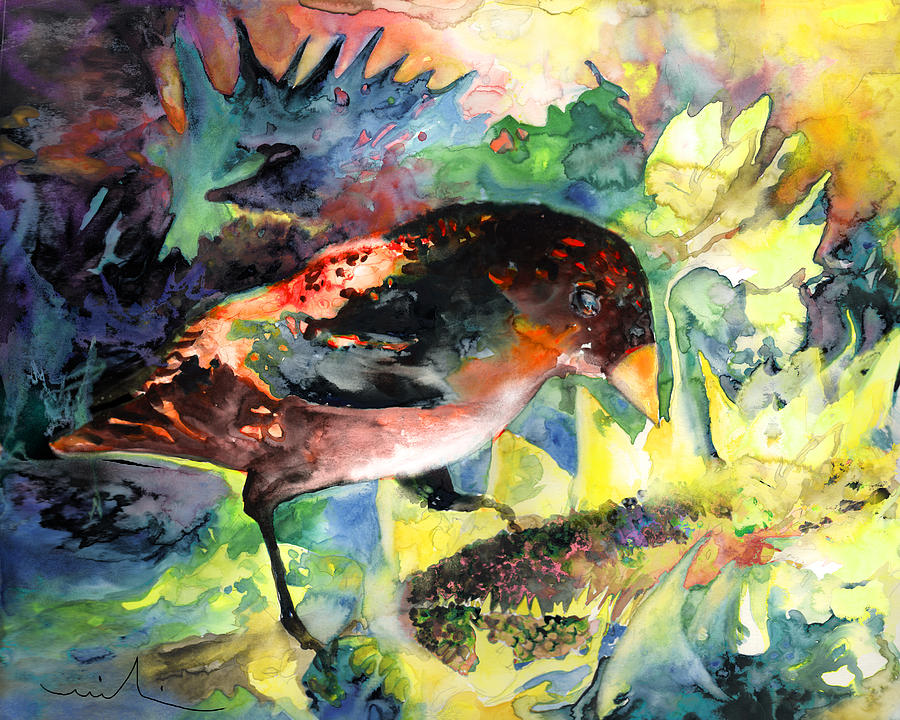 Blackbird with Sunflower Painting by Miki De Goodaboom
