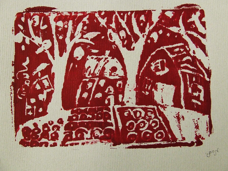 Blood Rituals in Red for the Mayan Forest Agriculture with trees houses and land plots Painting by M Zimmerman