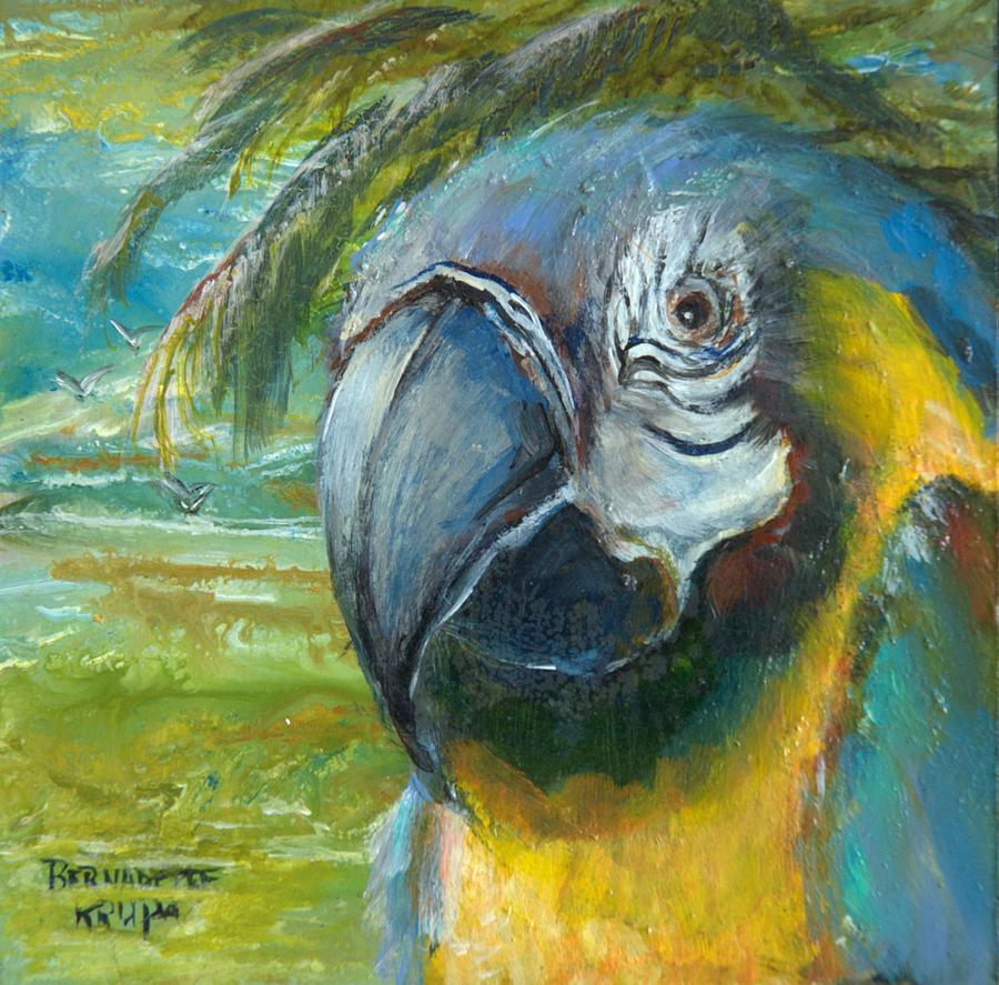 Bird Painting - Blue and Gold Macaw by the Sea by Bernadette Krupa