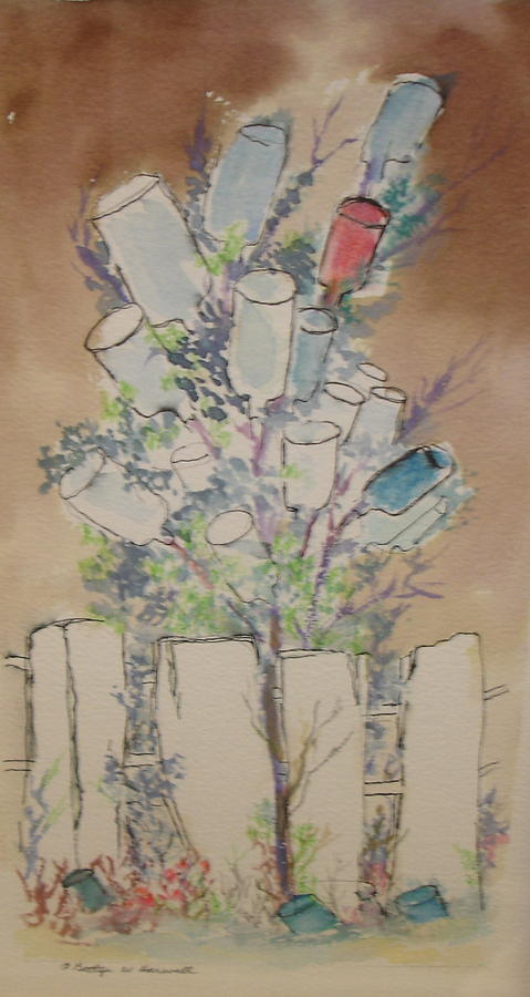 Bottle Tree Painting - Blue and Red Bottles by Bettye  Harwell