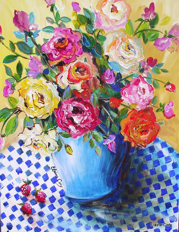Rose Painting - Blue and White Checks by Elaine Cory