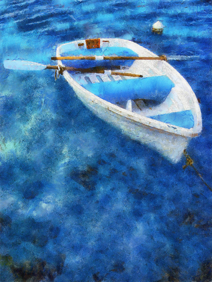 Blue And White. Lonely Boat. Impressionism Photograph