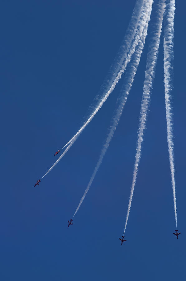 blue and white - Red arrows in white smoke Photograph by Pedro Cardona Llambias