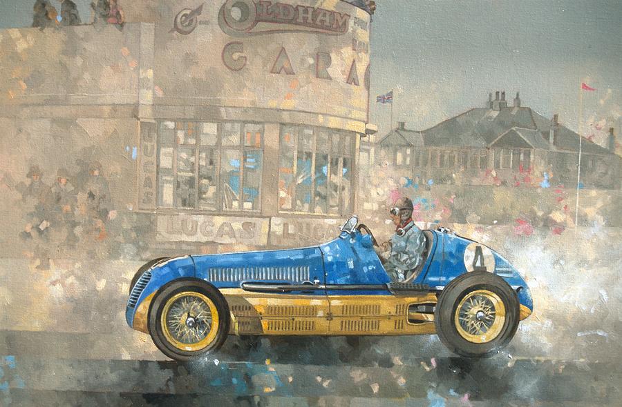 Blue and Yellow Maserati of Bira  Painting by Peter Miller 