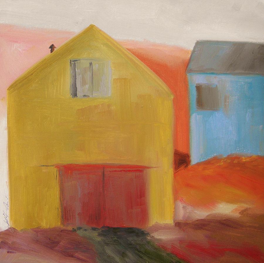 Blue Barn Behind the Yellow One Painting by John Williams