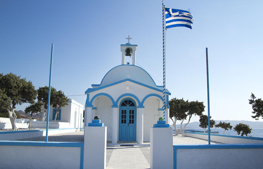 Greek Photograph - Blue chapel in Greece by Isabel Poulin
