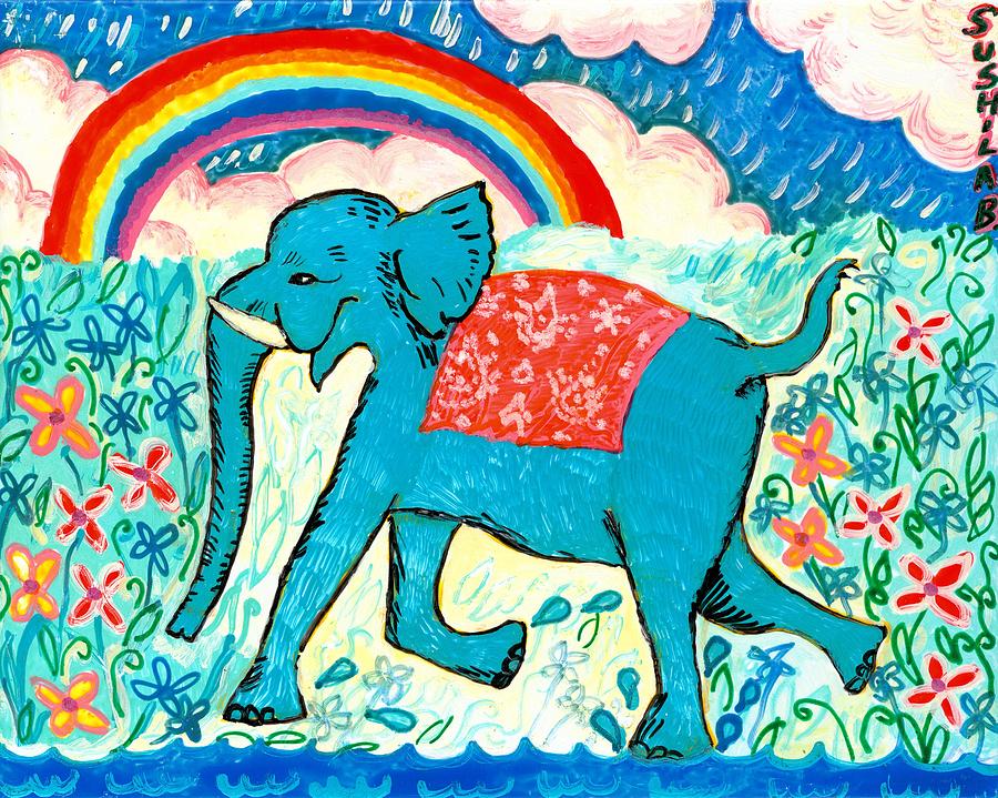 Blue Elephant And Rainbow by Sushila Burgess