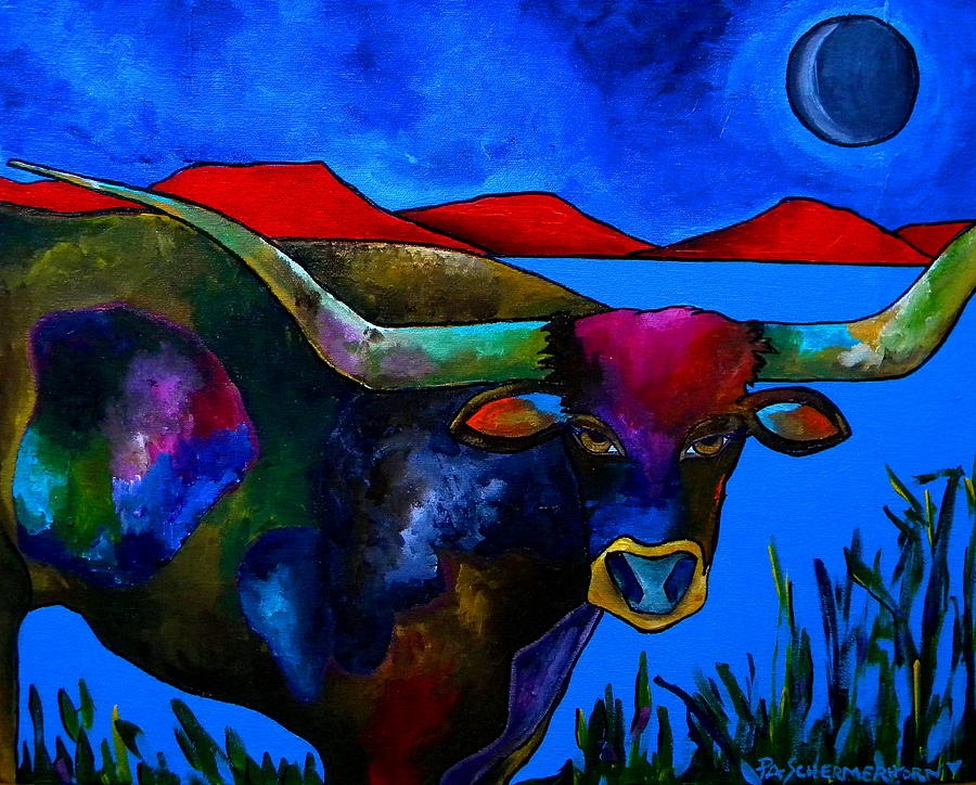 Cow Painting - Blue Field by Patti Schermerhorn