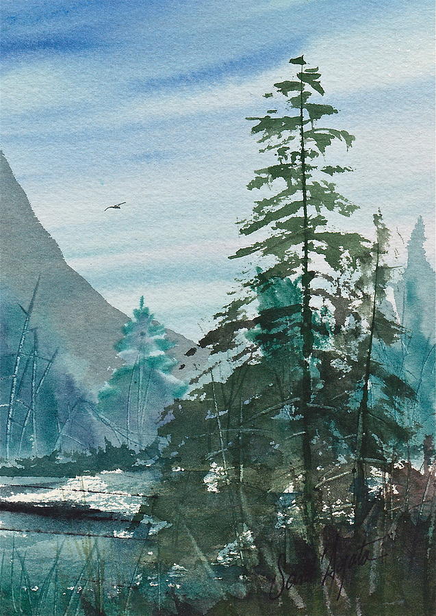 Blue Green pines Painting by Frank SantAgata
