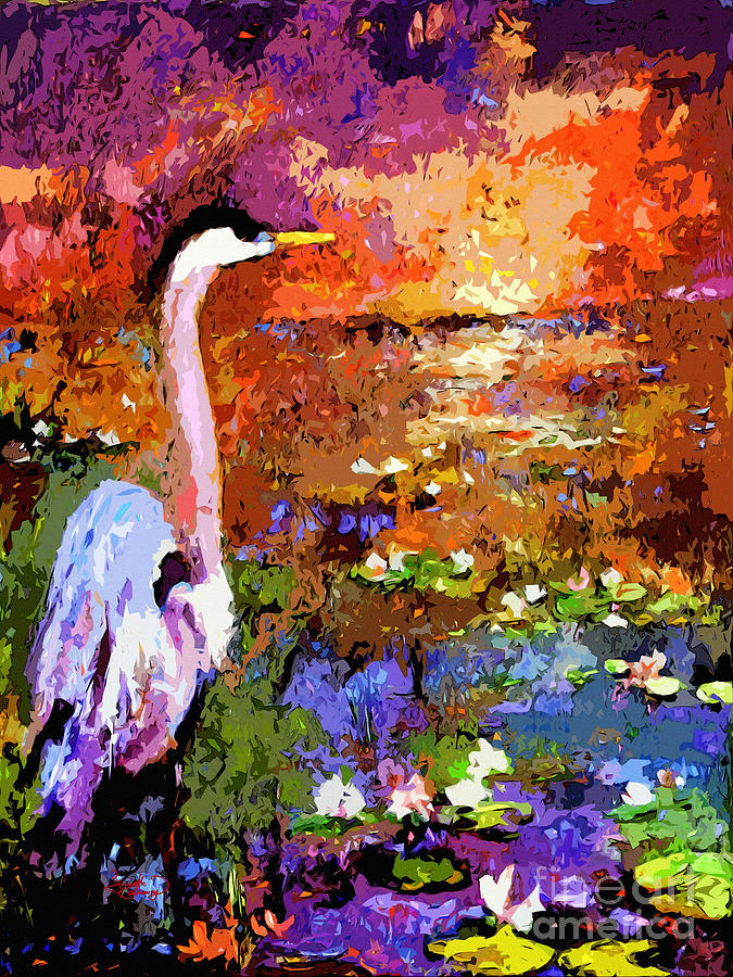 Blue Heron Sunset Wetland Painting by Ginette Callaway