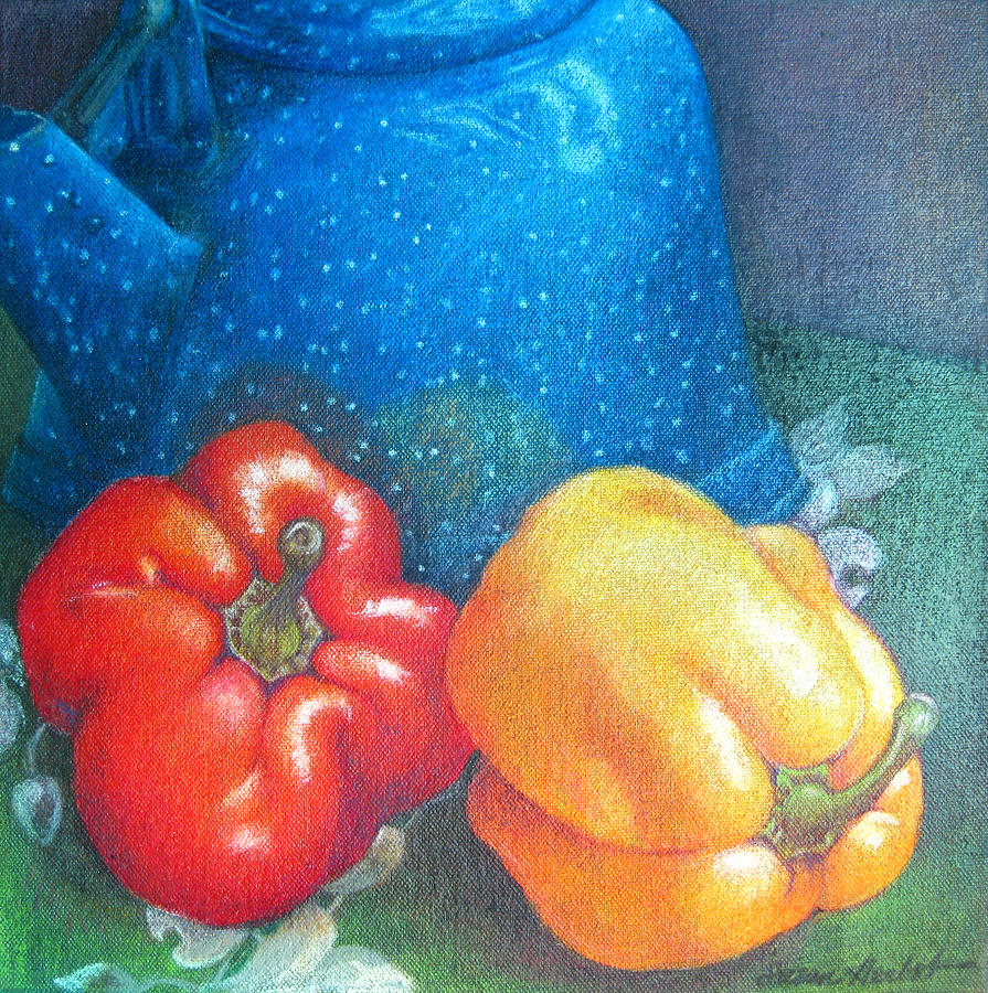Blue Kettle with Peppers Painting by Susan Herbst