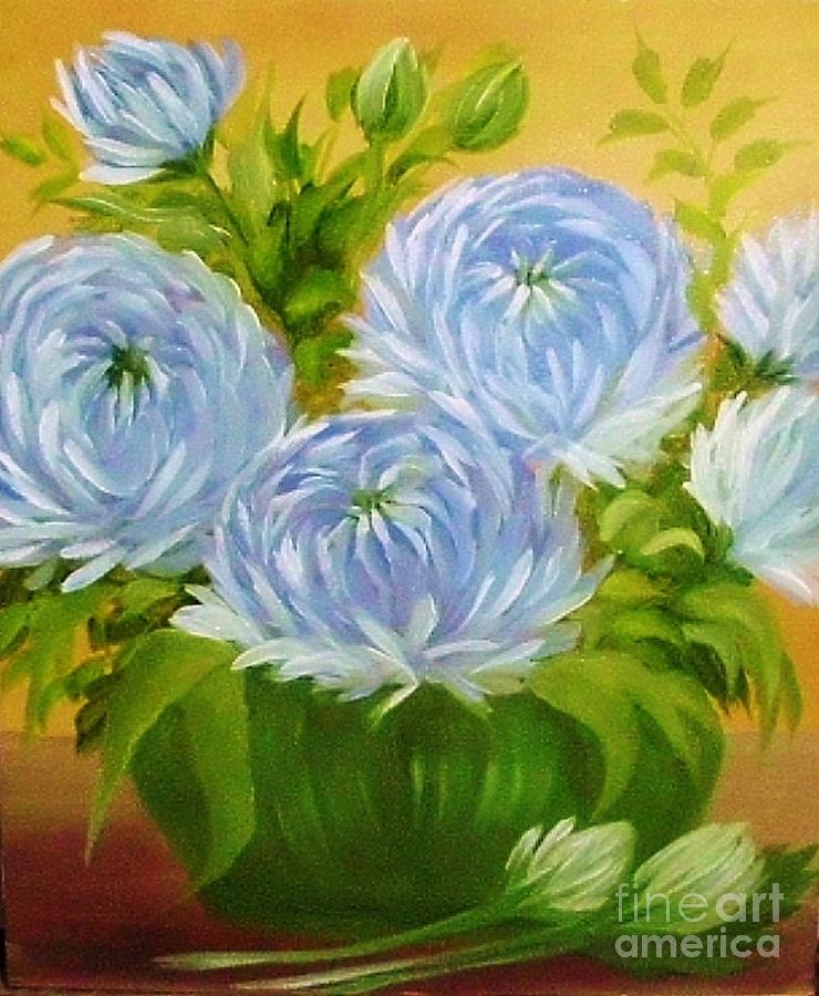 Blue Mums in vase Painting by Peggy Miller